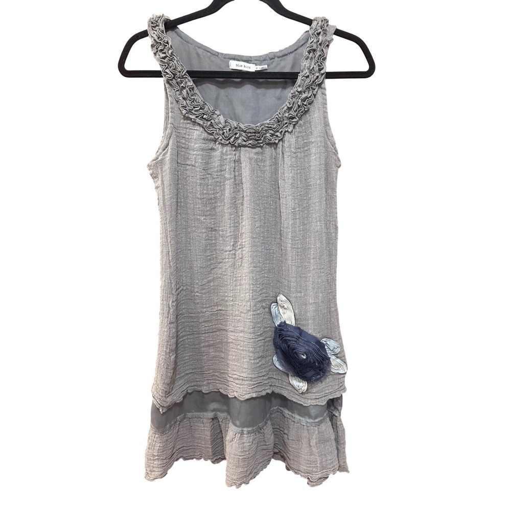 Blue Bird Grey Cotton Gauze Ruffle Tank Top Flower Applique T3056 Womens Medium